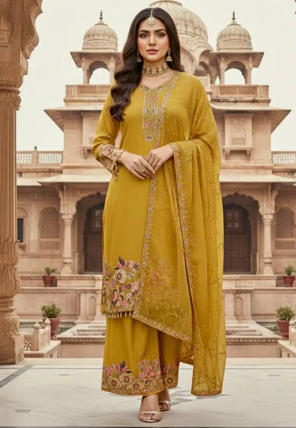 Mustard Faux Georgette Readymade Pakistani Suit 326956