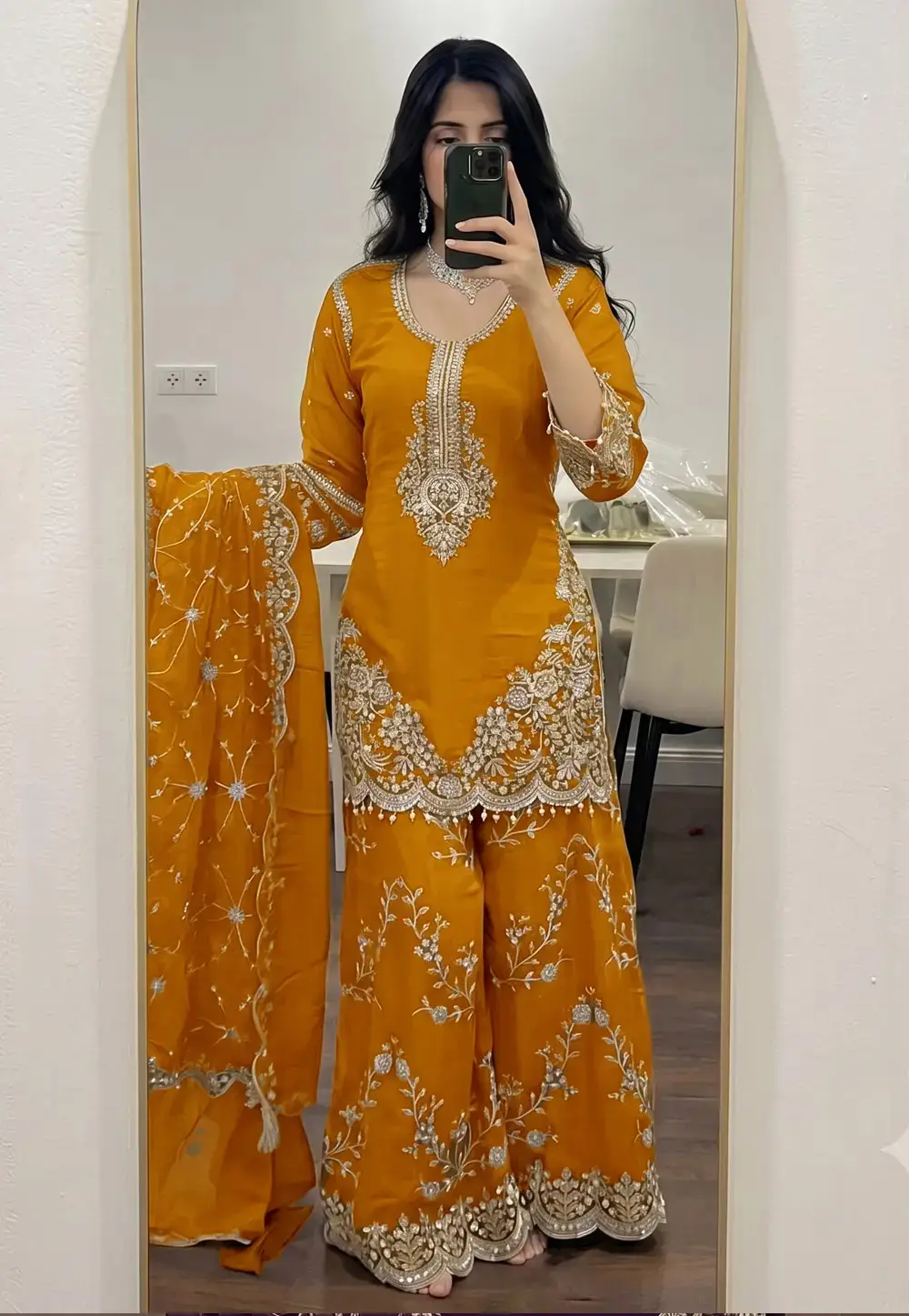 Mustard Faux Georgette Readymade Pakistani Suit 335185