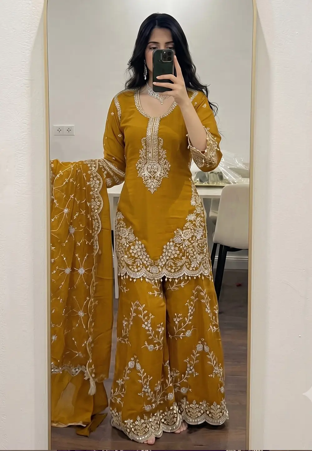 Mustard Faux Georgette Readymade Pakistani Suit 335185