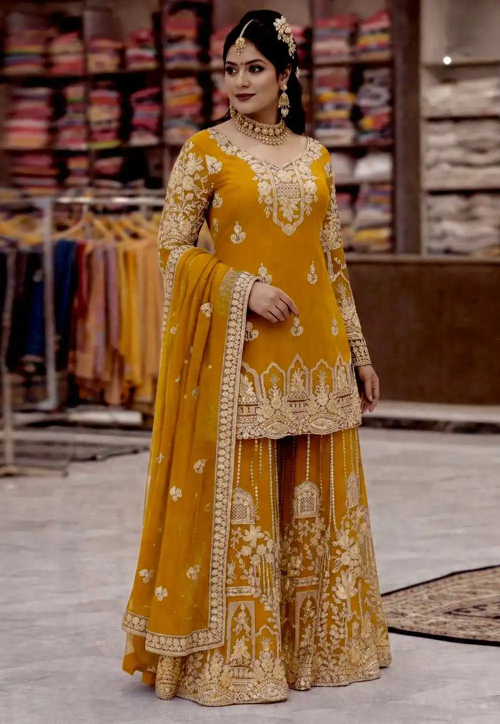 Mustard Faux Georgette Readymade Palazzo Suit 329732
