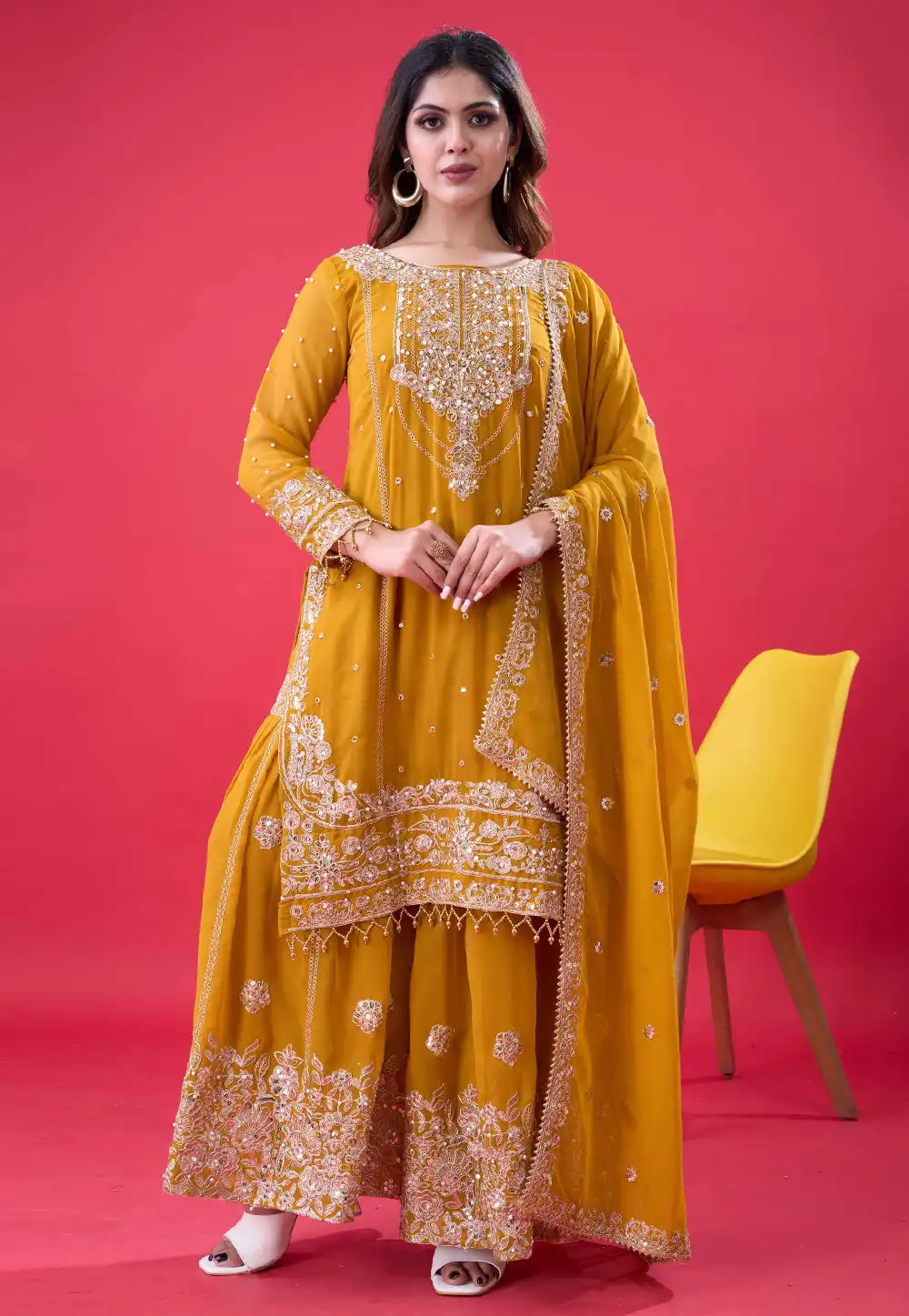 Mustard Faux Georgette Readymade Palazzo Suit 317788