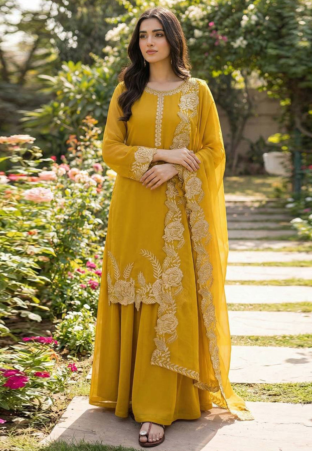 Mustard Faux Georgette Readymade Palazzo Suit 329423