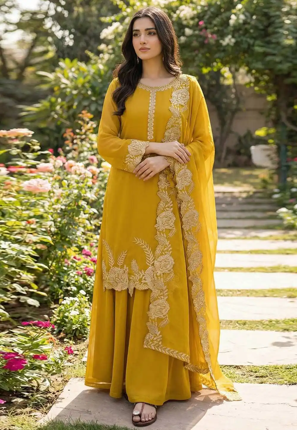 Mustard Faux Georgette Readymade Palazzo Suit 329423