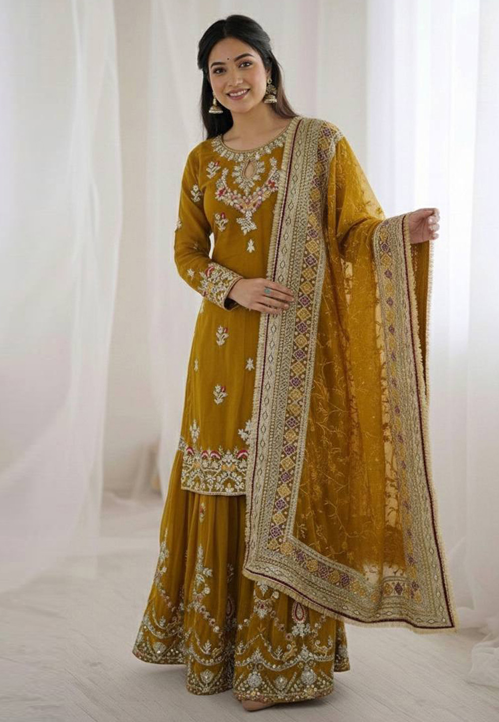 Mustard Faux Georgette Readymade Sharara Suit 324433