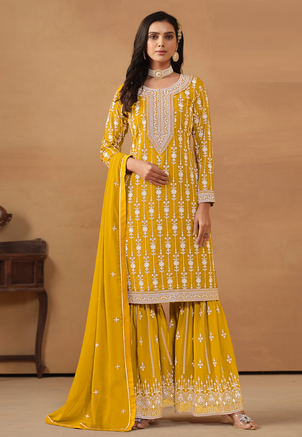 Mustard Faux Georgette Sharara Suit 281542