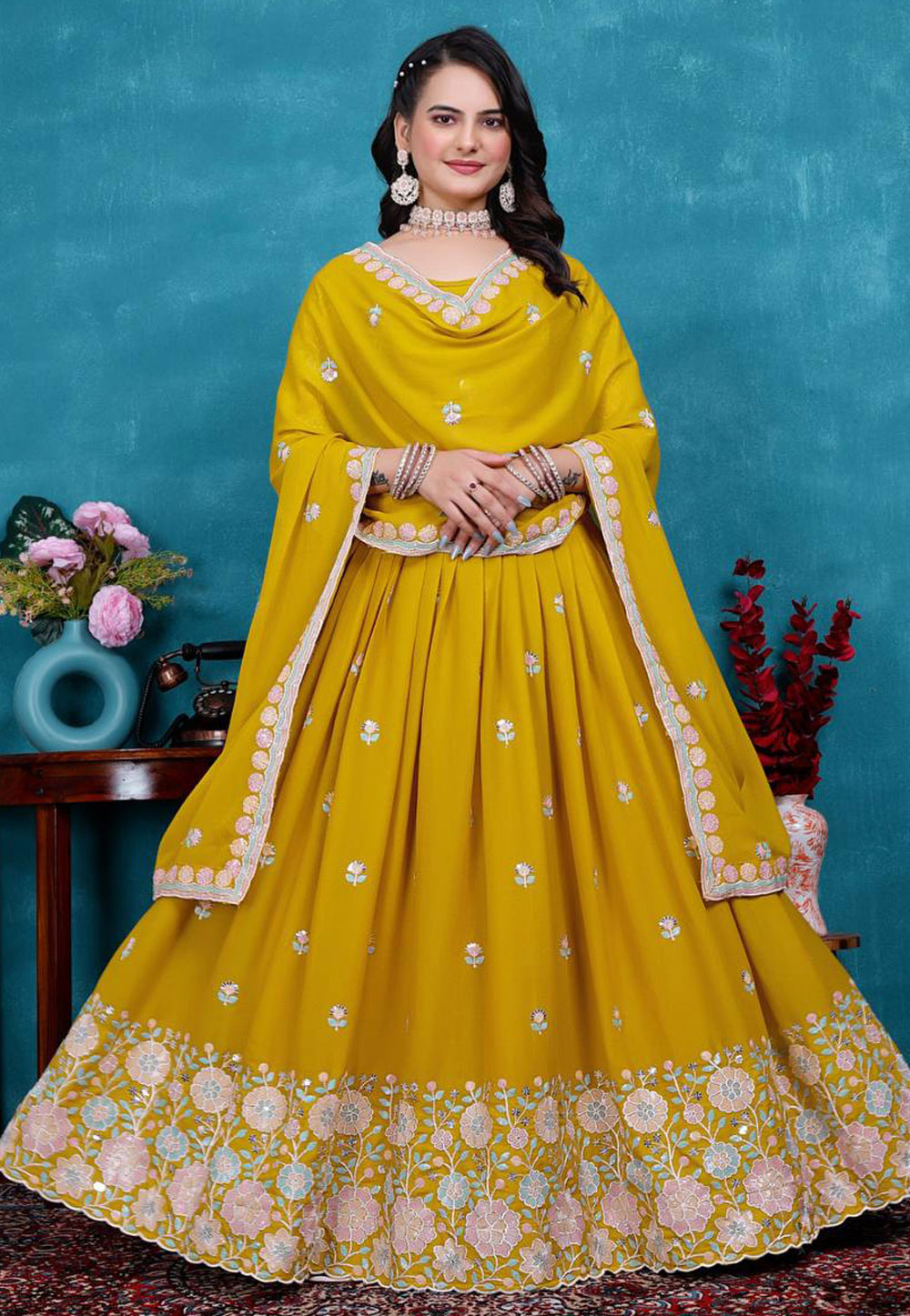 Mustard Georgette Circular Lehenga Choli 306298