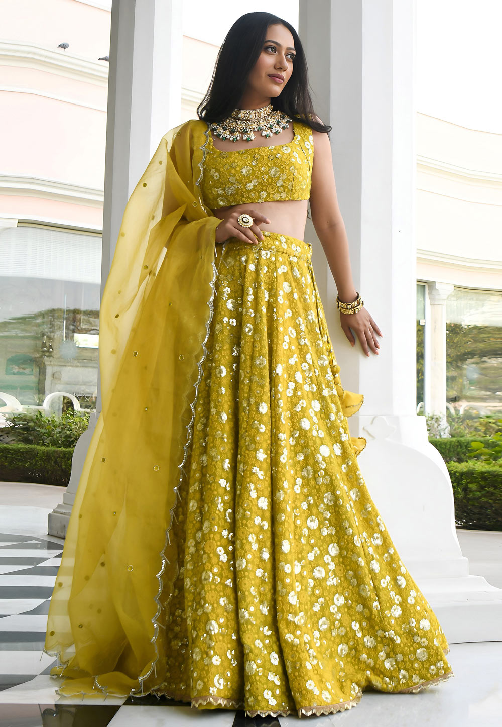 Mustard Georgette Circular Lehenga Choli 328550