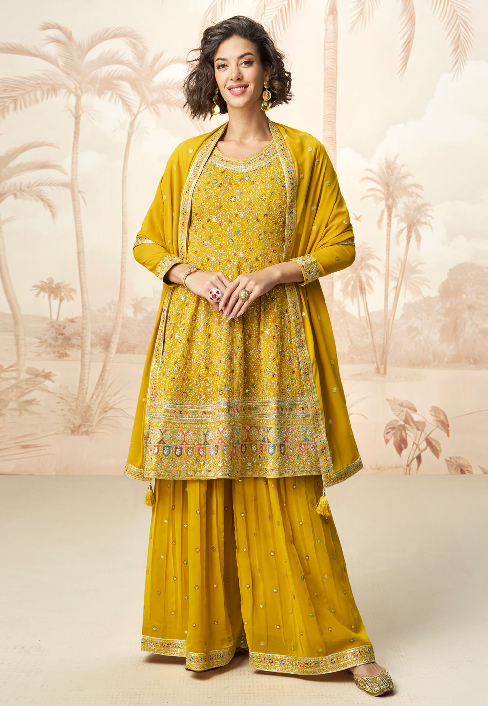 Mustard Georgette Embroidered Sharara Suit 309036