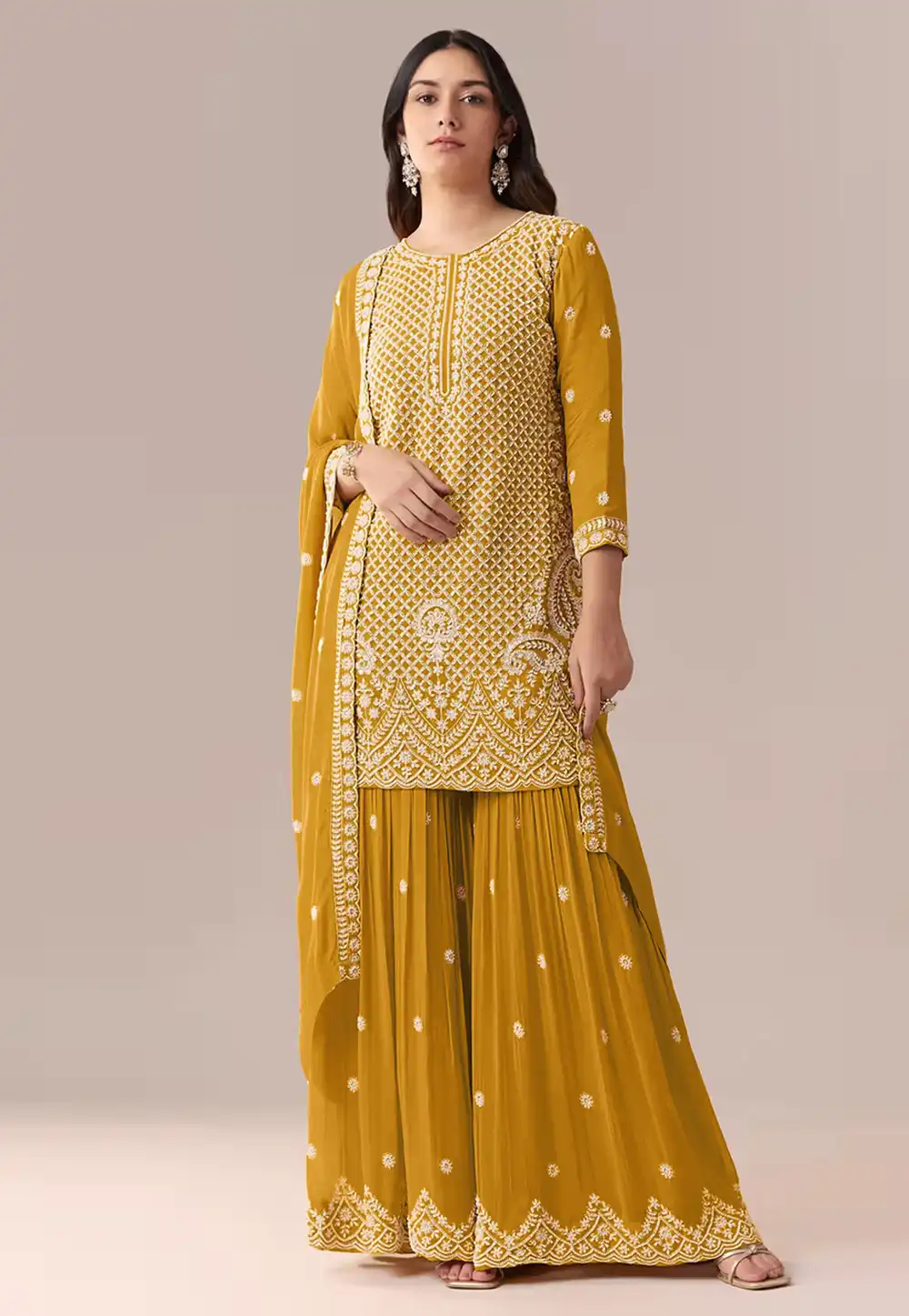 Mustard Georgette Embroidered Sharara Suit 330641
