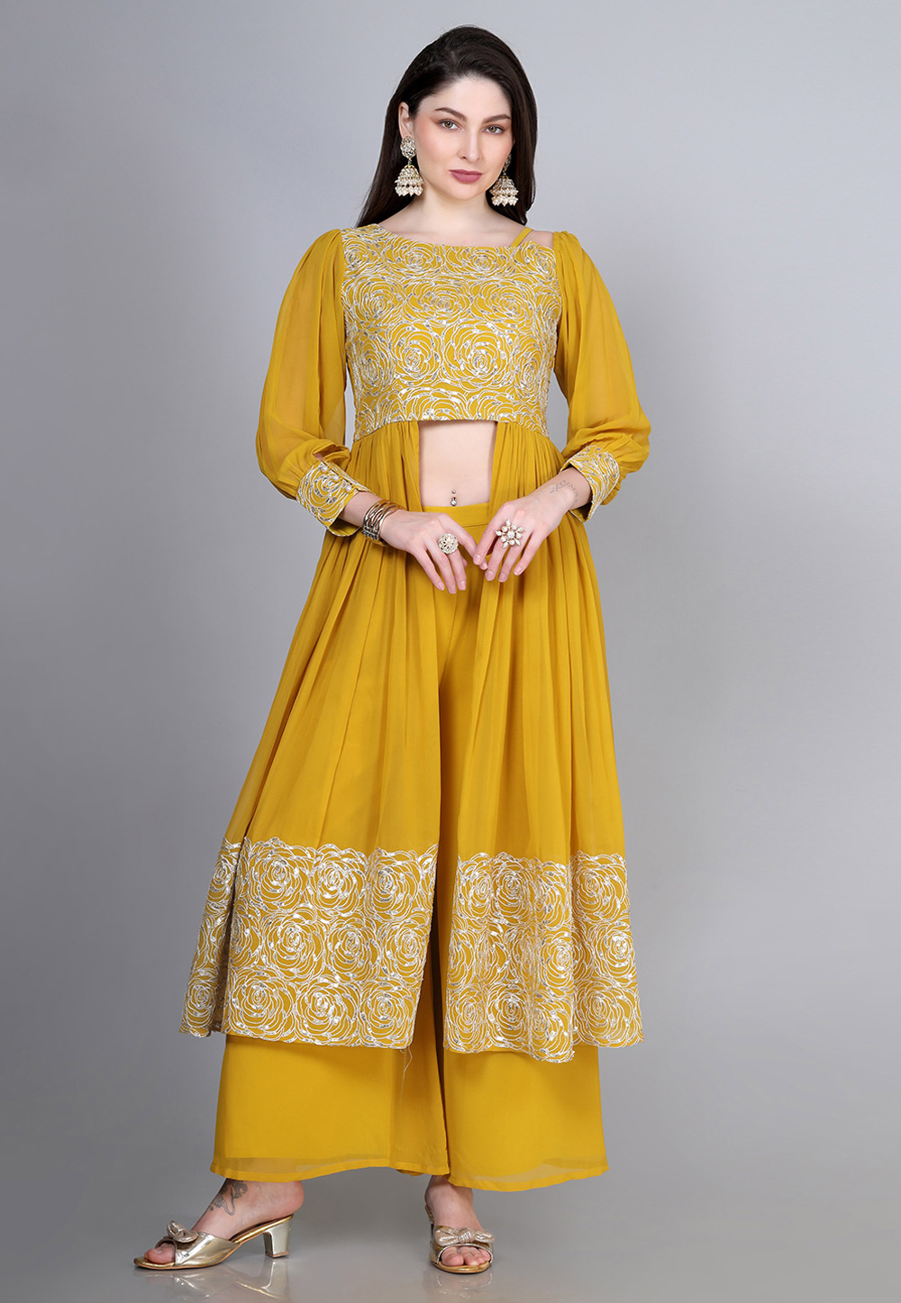 Mustard Georgette Kurta Set With Palazzo 308455