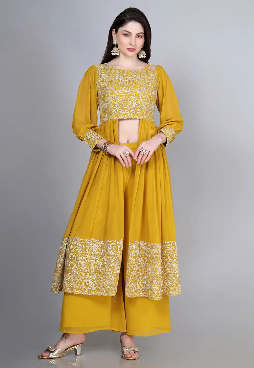 Mustard Georgette Kurta Set With Palazzo 308455