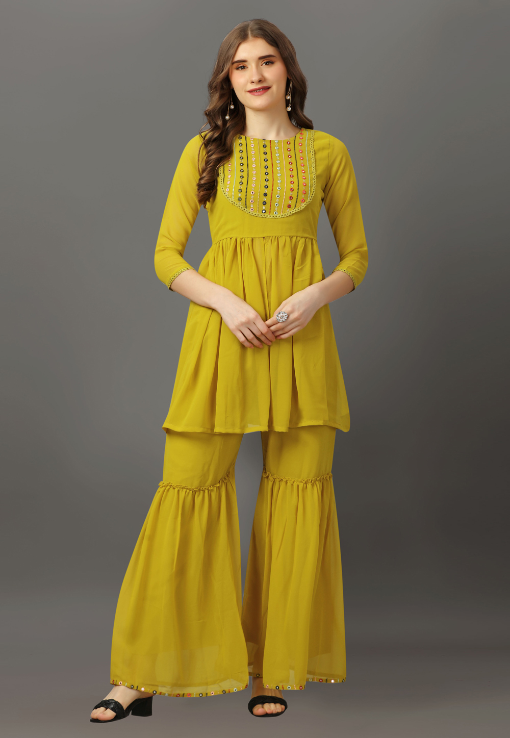 Mustard Georgette Kurta Set With Sharara 279927