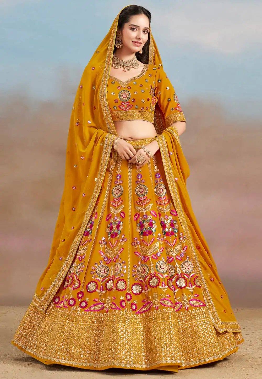 Mustard Georgette Lehenga Choli 312358