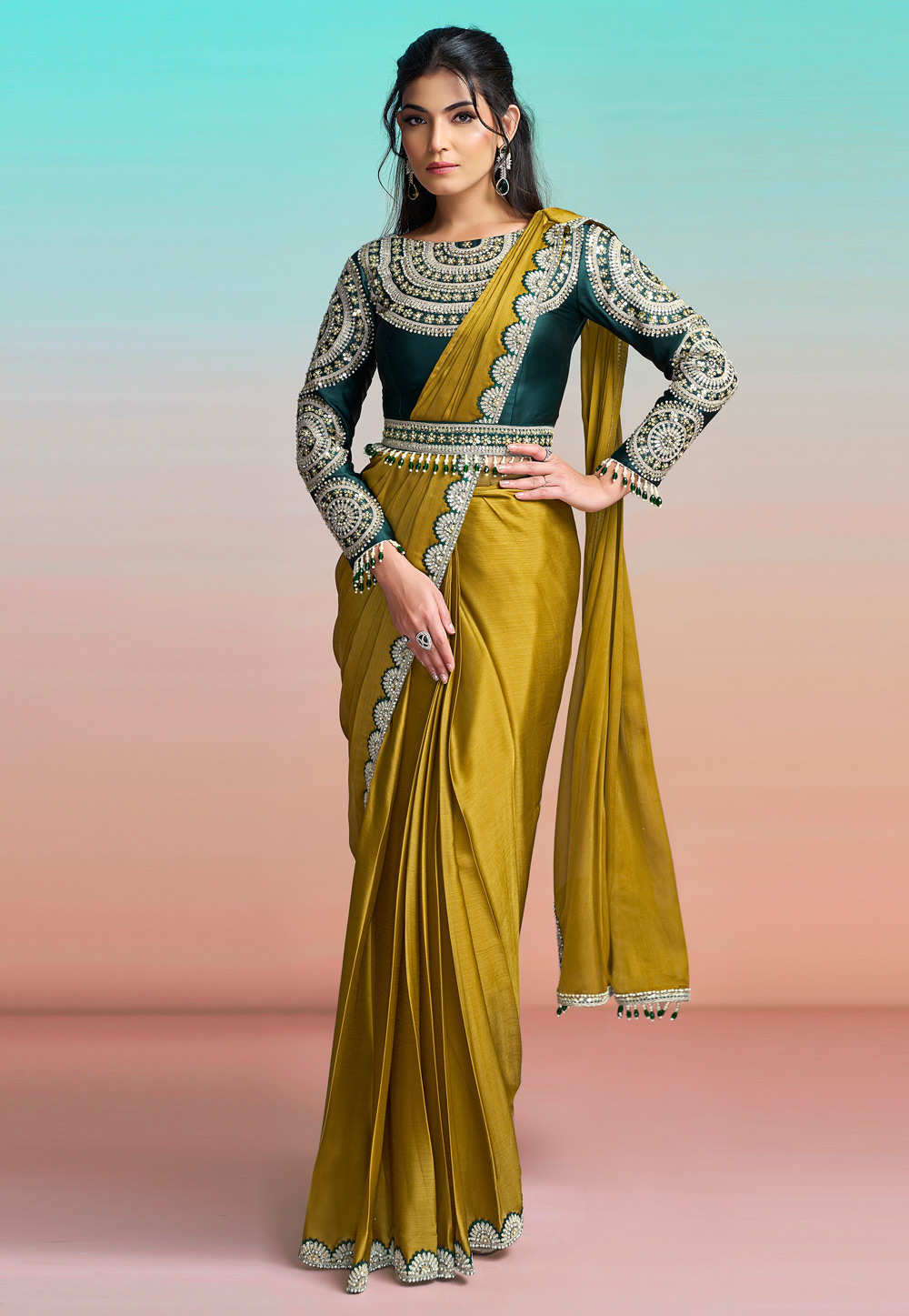Mustard Georgette Lehenga Saree 327233