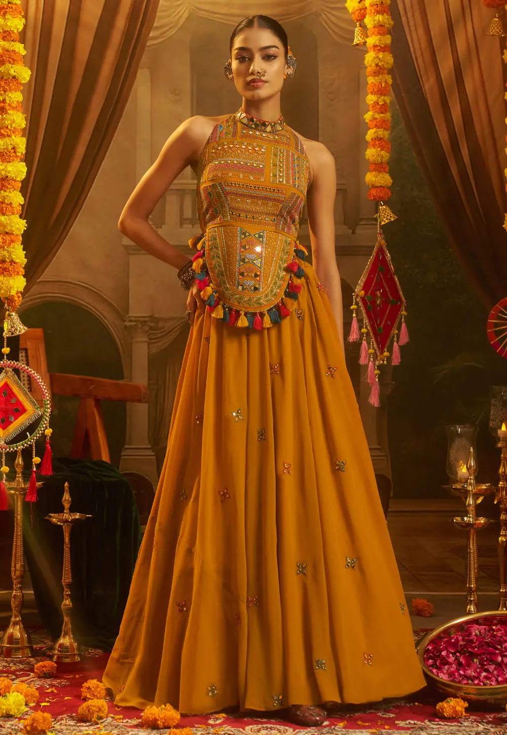 Mustard Georgette Navratri Top Bottom 333976