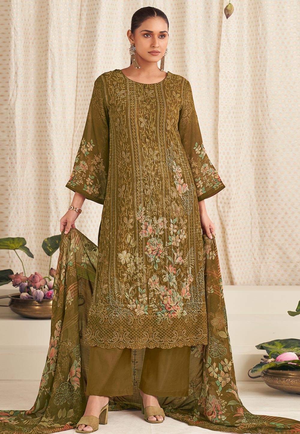Mehndi Georgette Palazzo Suit 320914