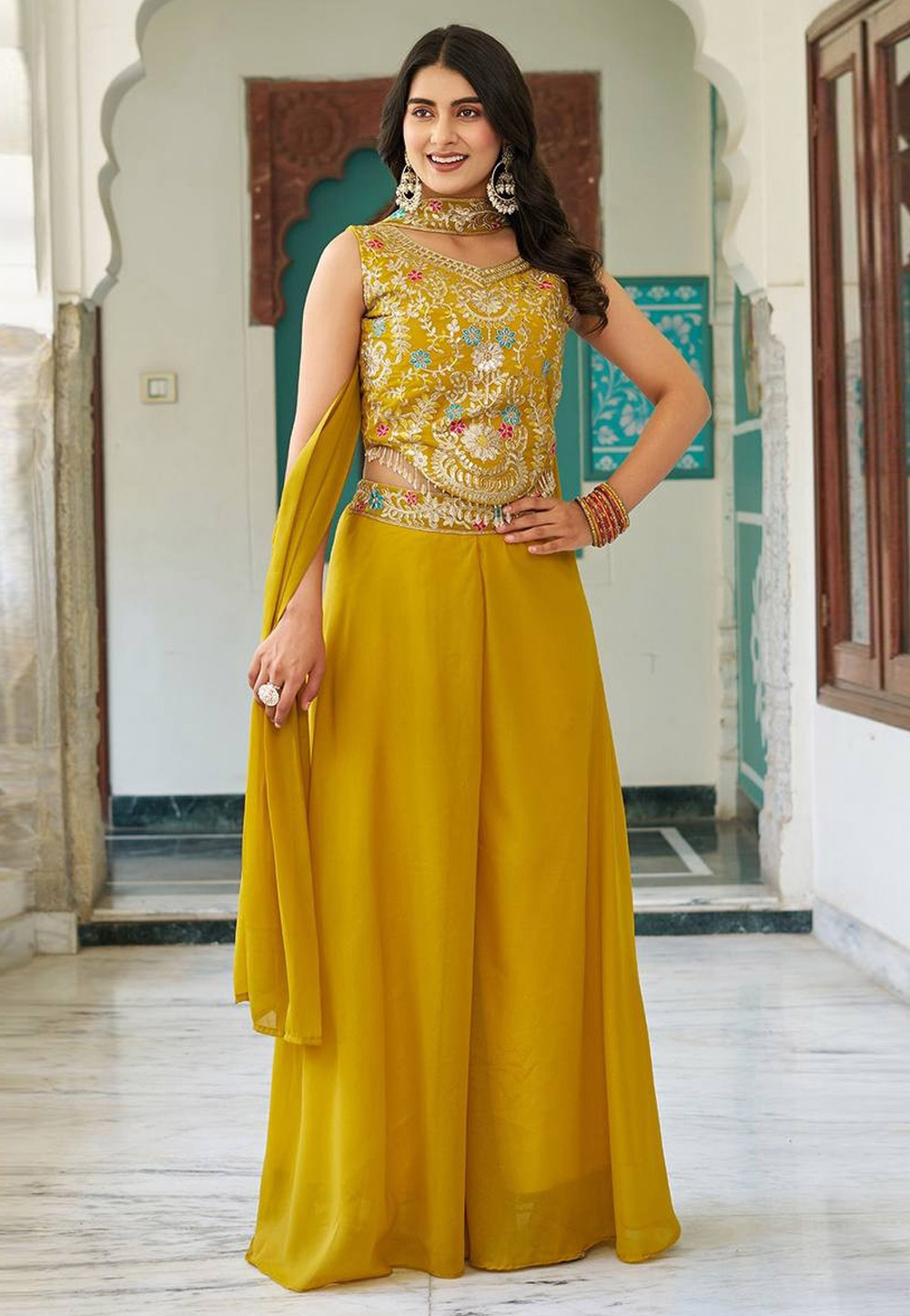 Mustard Georgette Palazzo With Crop Top 312060