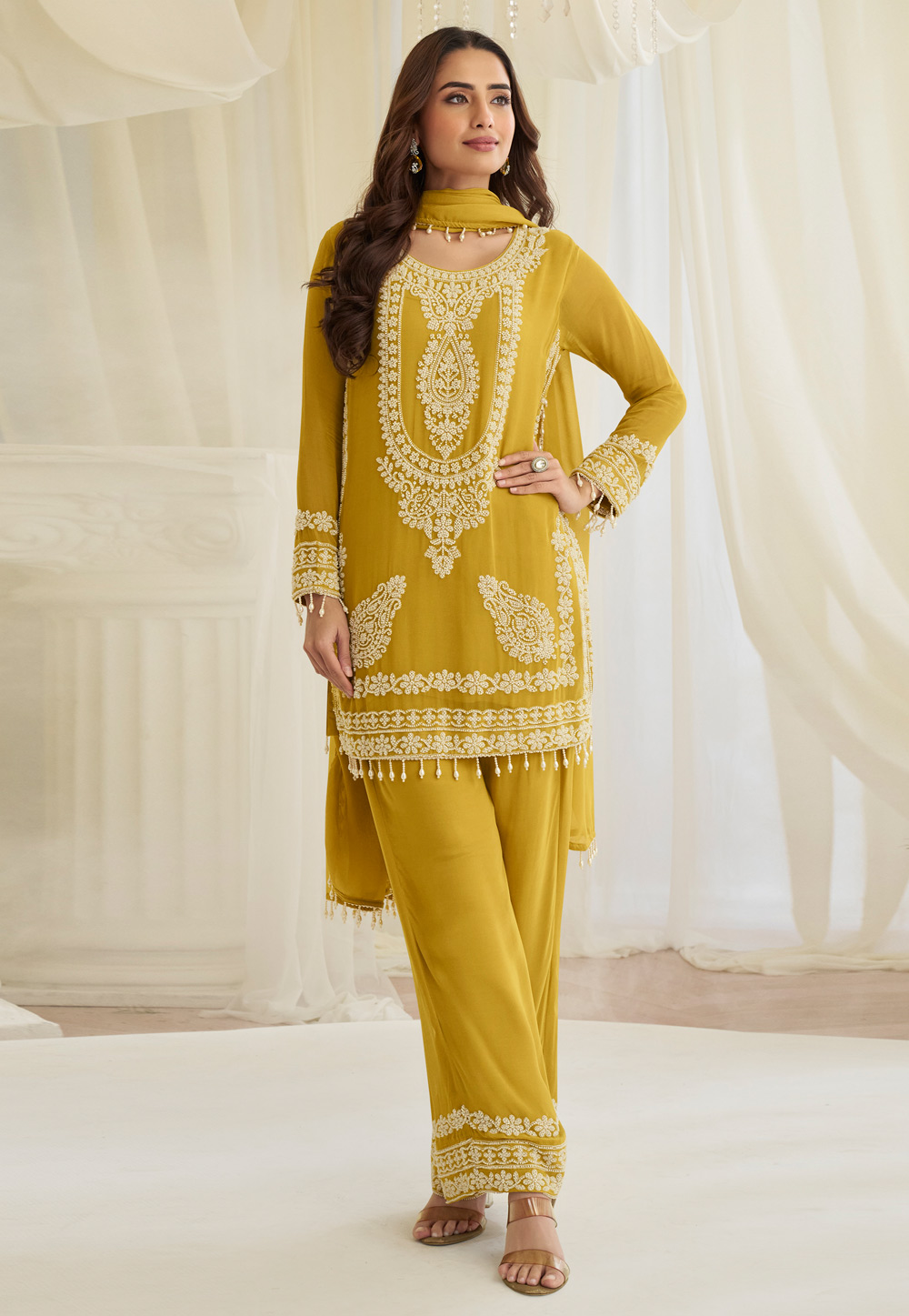 Mustard Georgette Pant Style Suit 322729