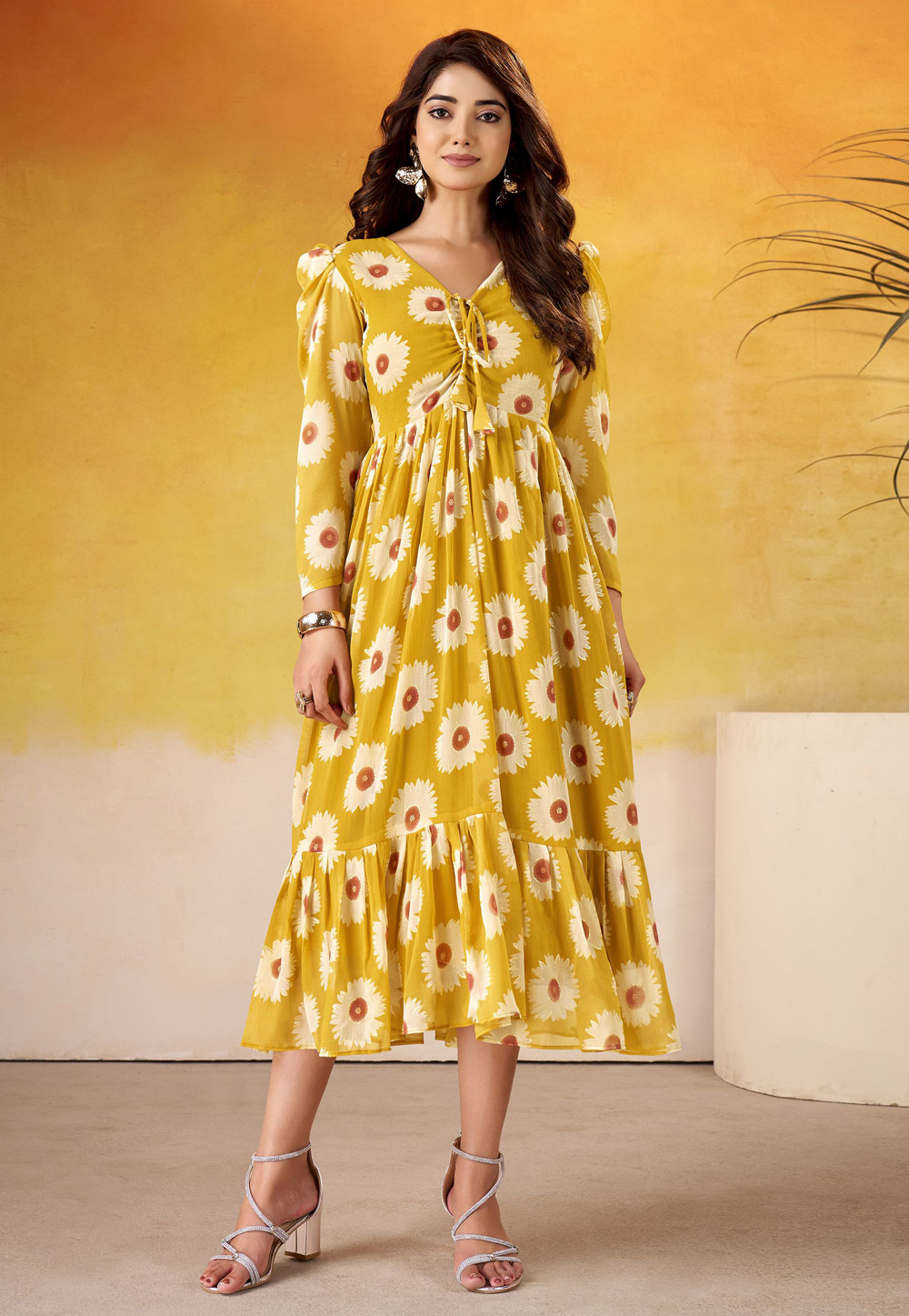 Mustard Georgette Printed Long Tunic 321025