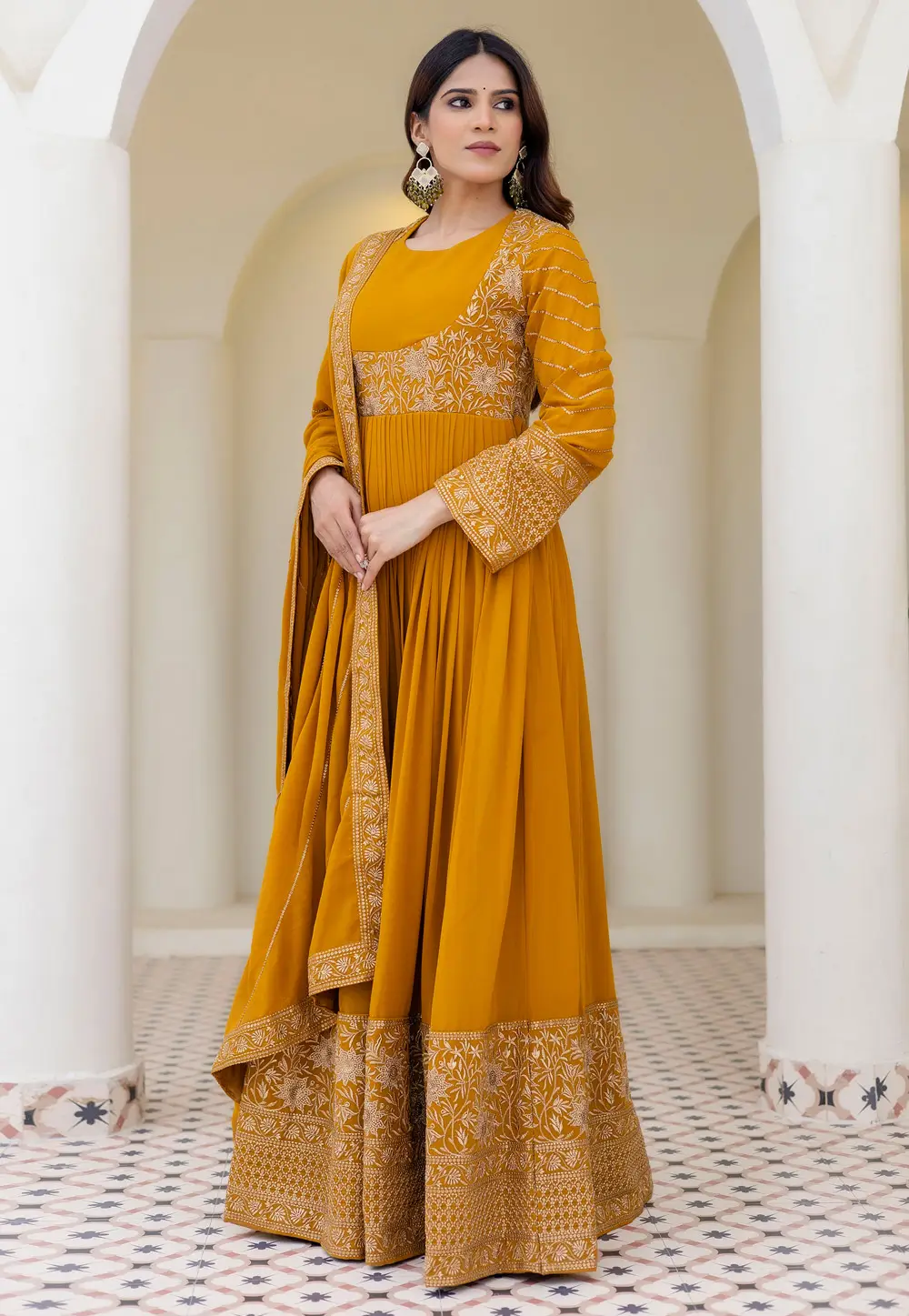 Mustard Georgette Readymade Anarkali Suit 332353