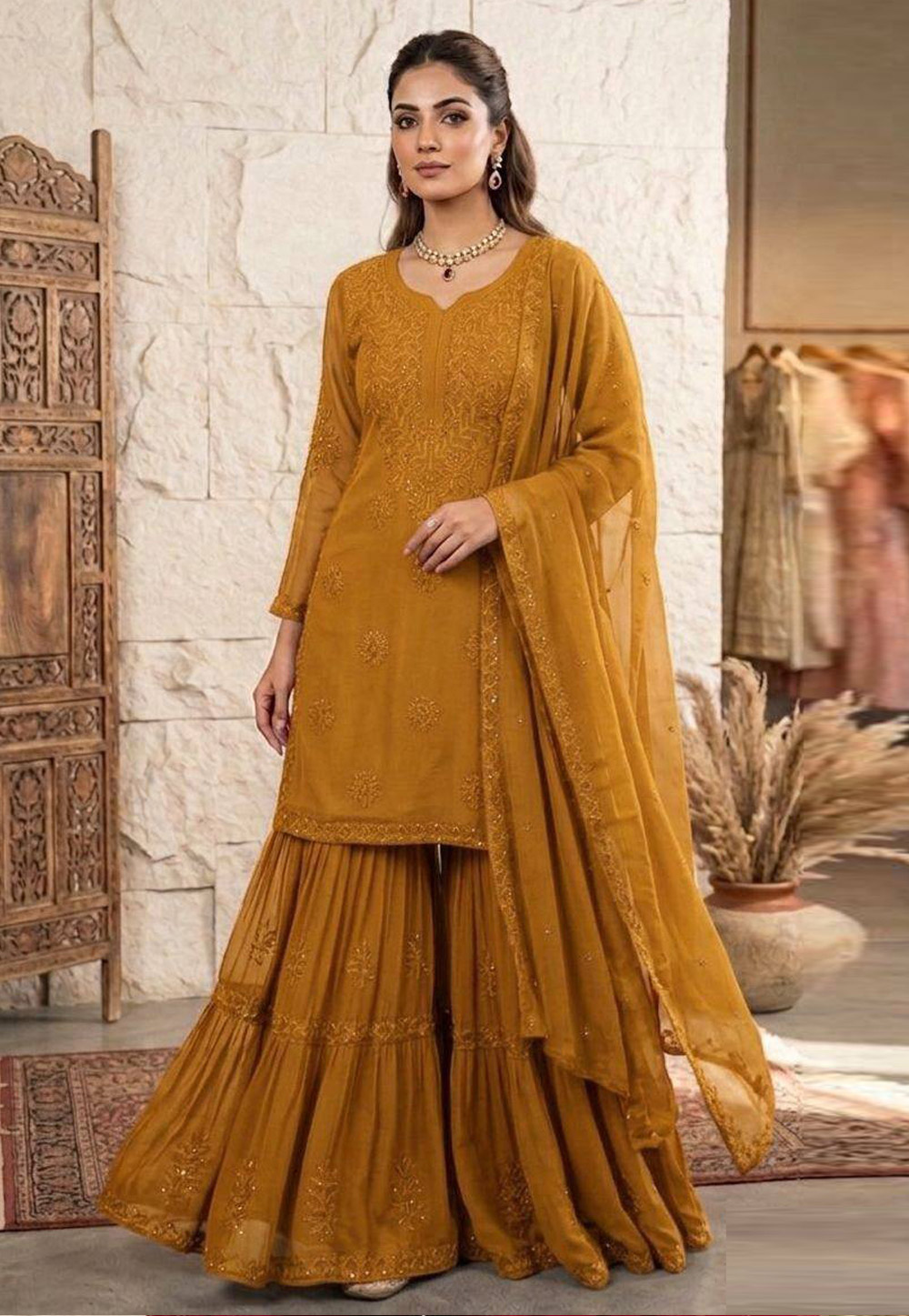Mustard Georgette Readymade Gharara Suit 330105