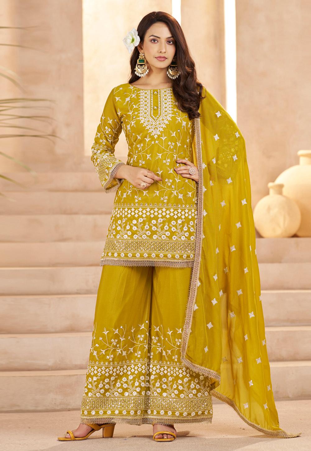 Mustard Georgette Readymade Palazzo Suit 322981