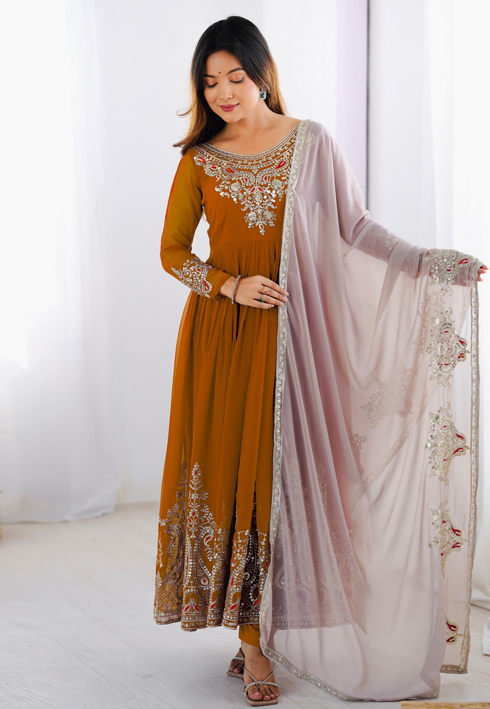 Mustard Georgette Readymade Pant Style Suit 312233