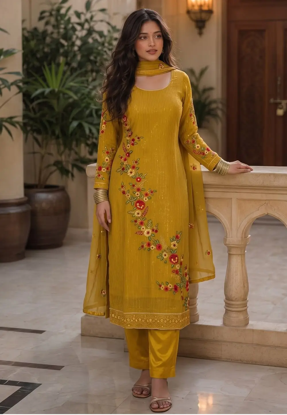 Mustard Georgette Readymade Pant Style Suit 332510