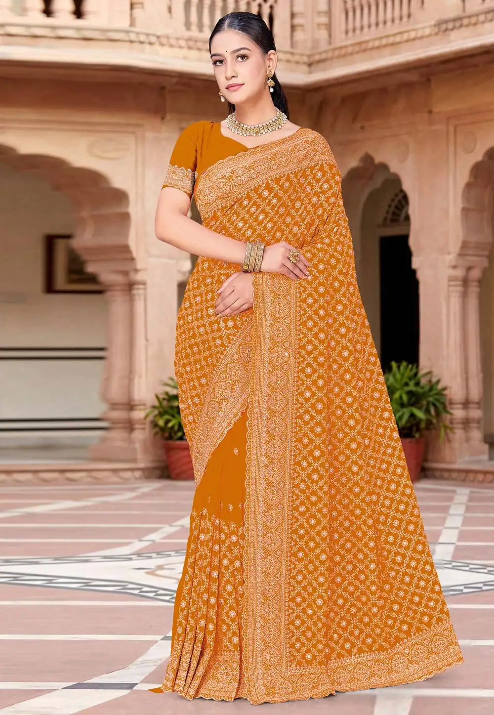 Mustard Georgette Saree With Blouse 330835