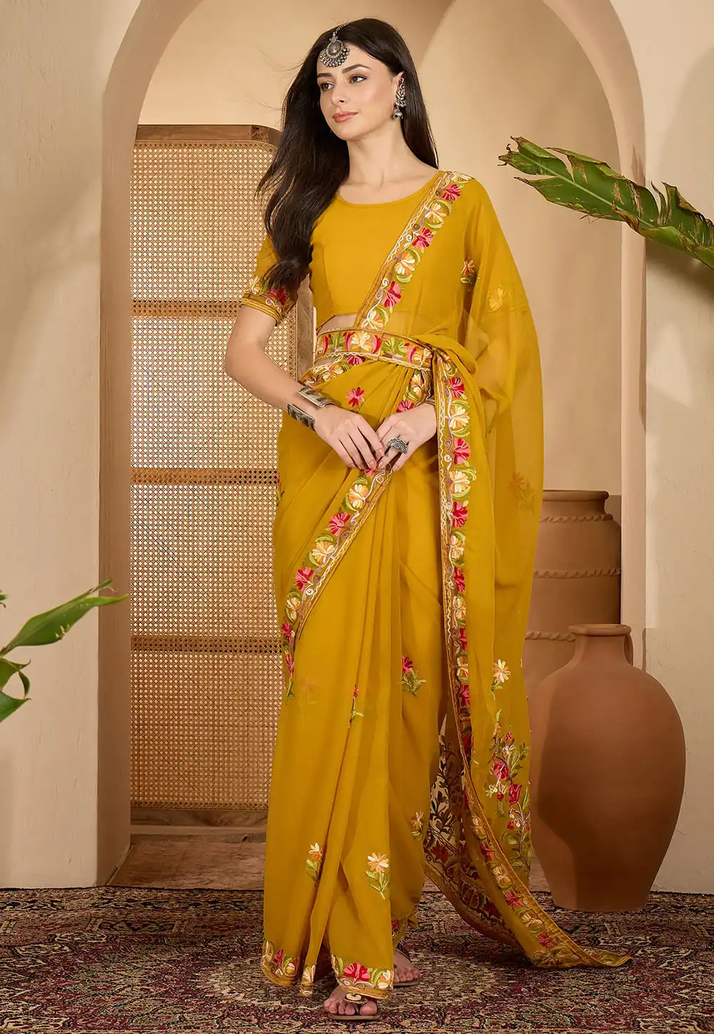 Mustard Georgette Saree With Blouse 316739