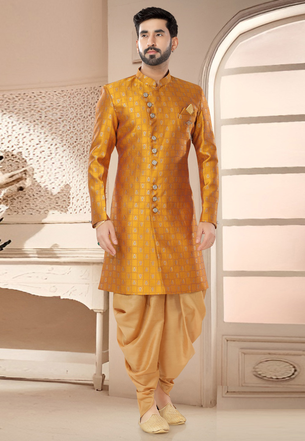 Mustard Jacquard Dhoti Sherwani 285748