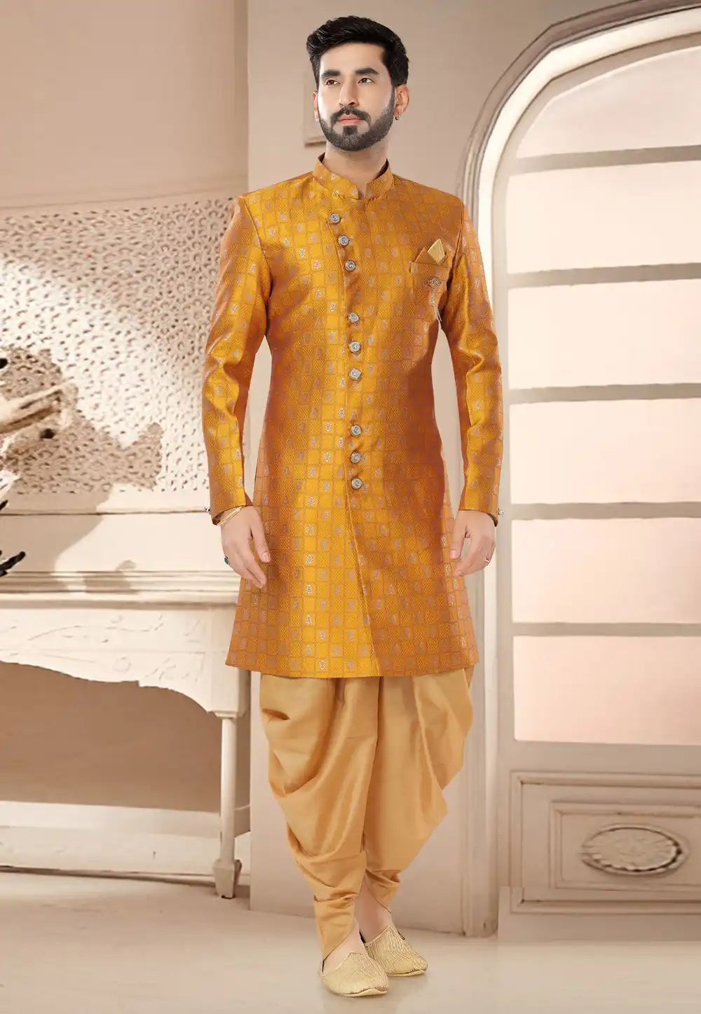 Mustard Jacquard Dhoti Sherwani 285748