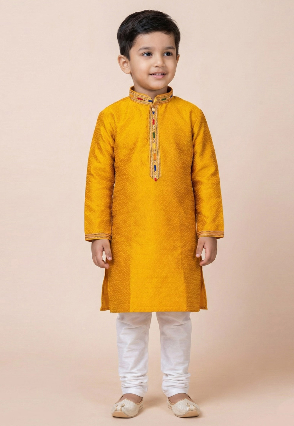 Mustard Jacquard Silk Kids Kurta Pajama 322832
