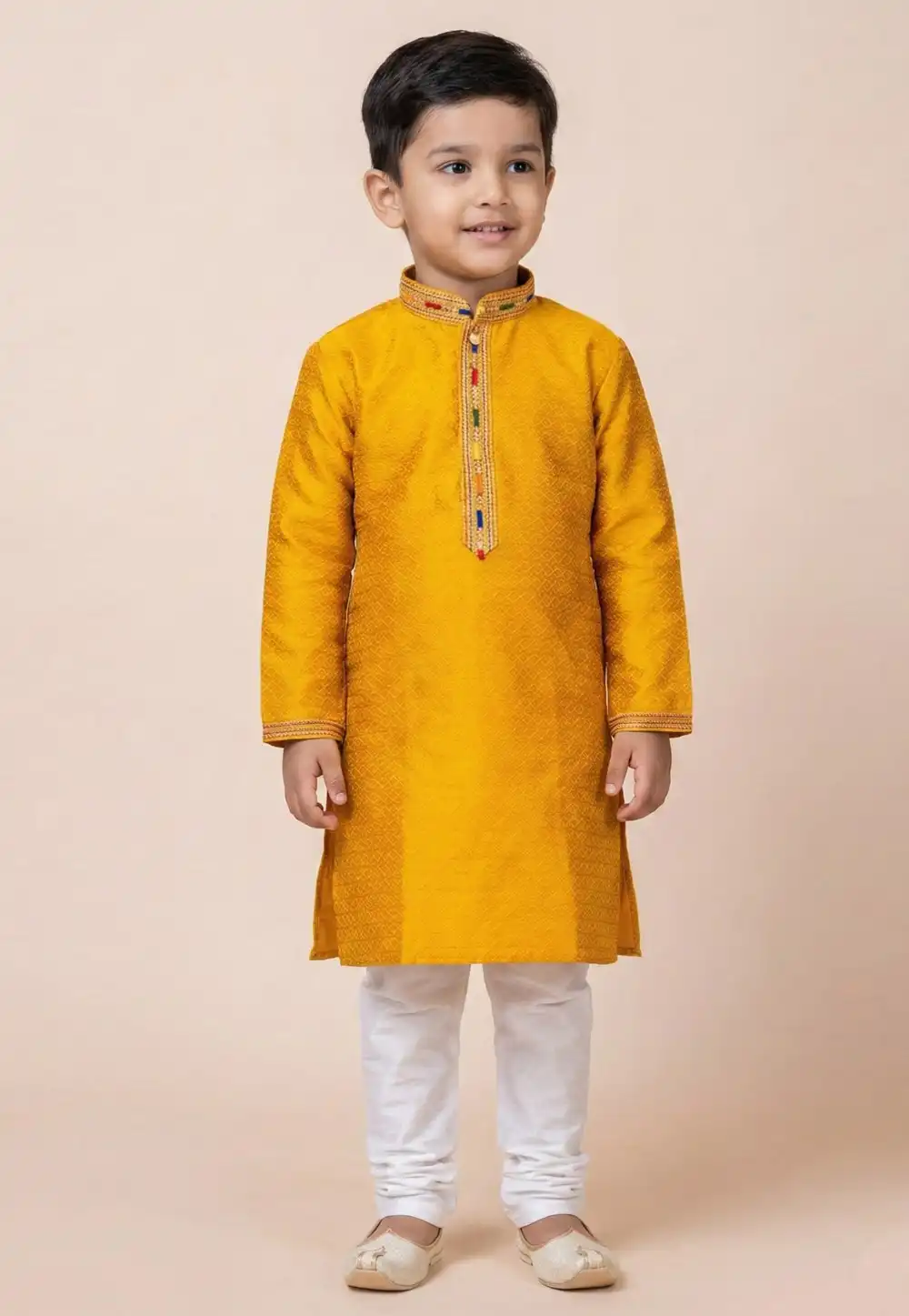 Mustard Jacquard Silk Kids Kurta Pajama 322832