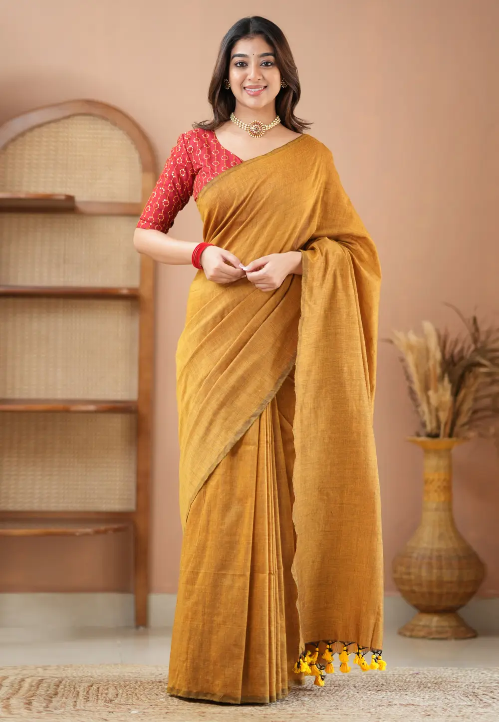Mustard Khadi Saree With Blouse 332698