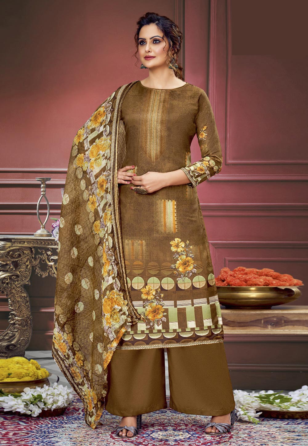 Mustard Muslin Palazzo Suit 284989