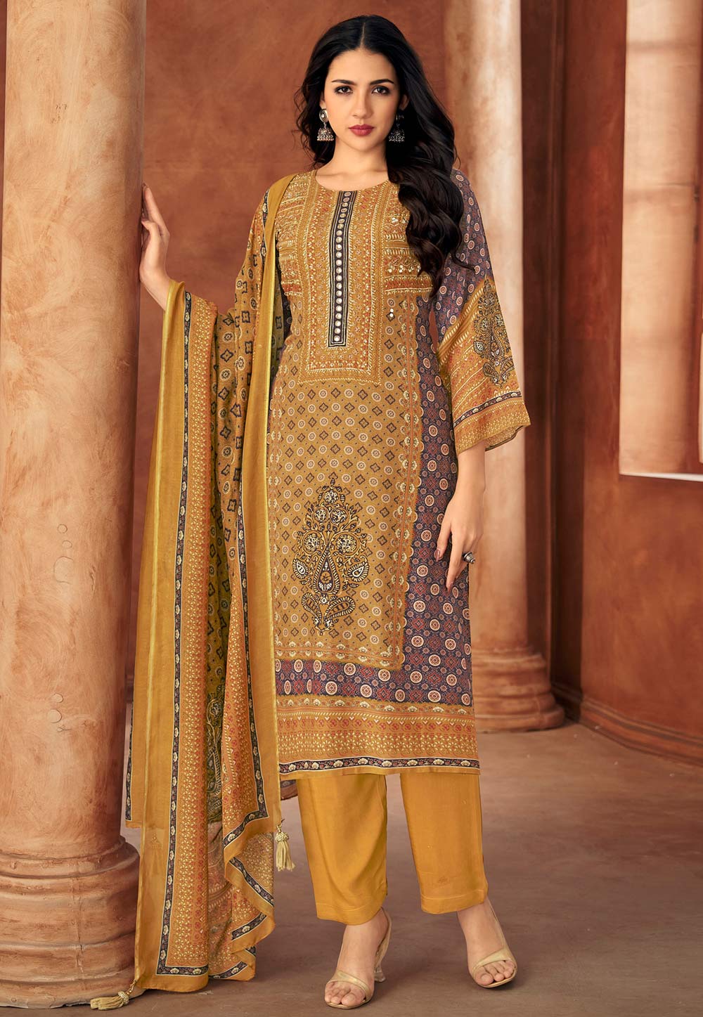 Mustard Muslin Pant Style Suit 310176