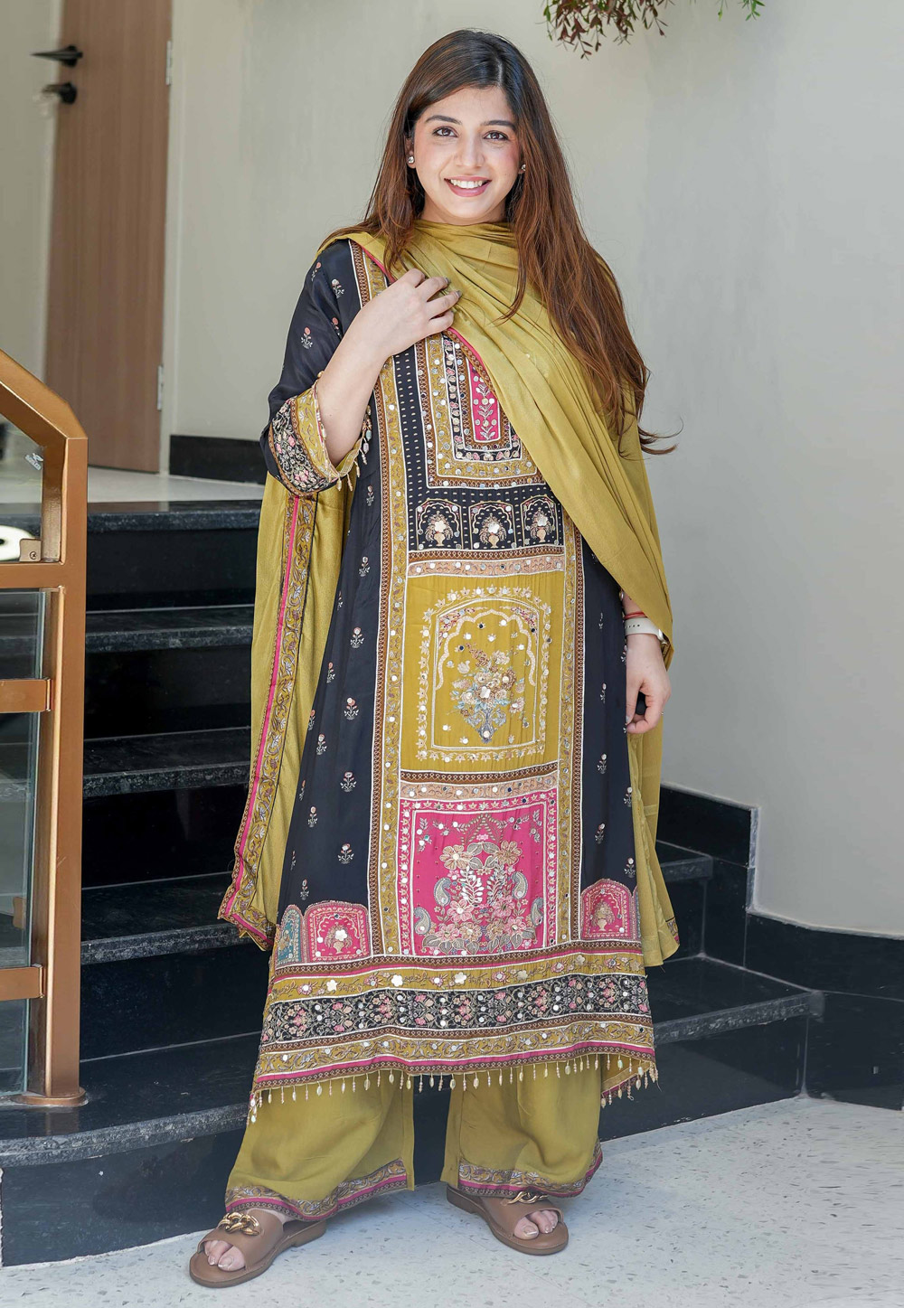 Mustard Muslin Readymade Pakistani Palazzo Suit 319114