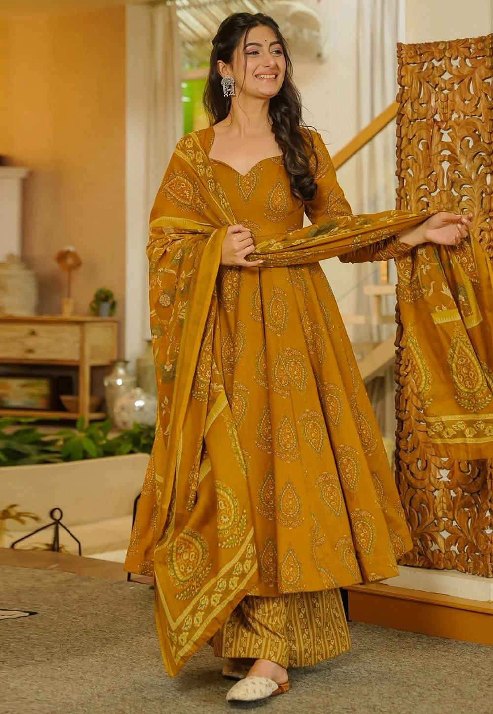 Mustard Muslin Readymade Palazzo Suit 324922