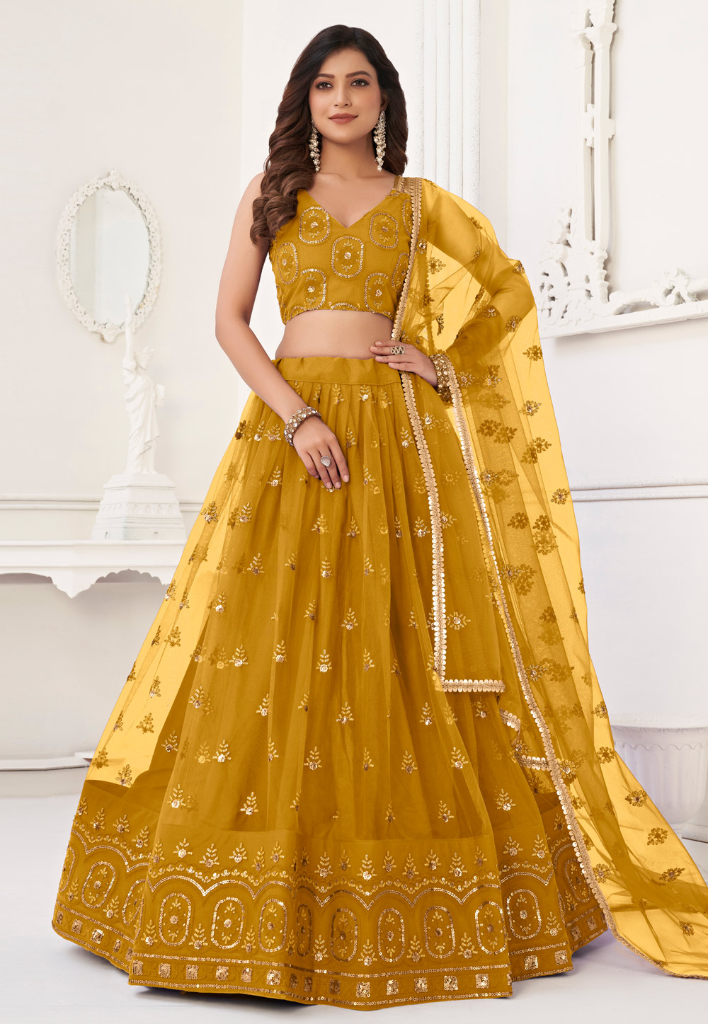 Mustard Net Circular Lehenga Choli 283685