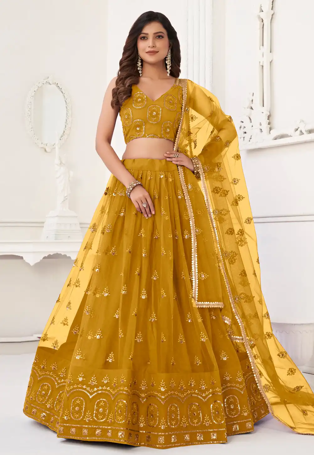 Mustard Net Circular Lehenga Choli 283685