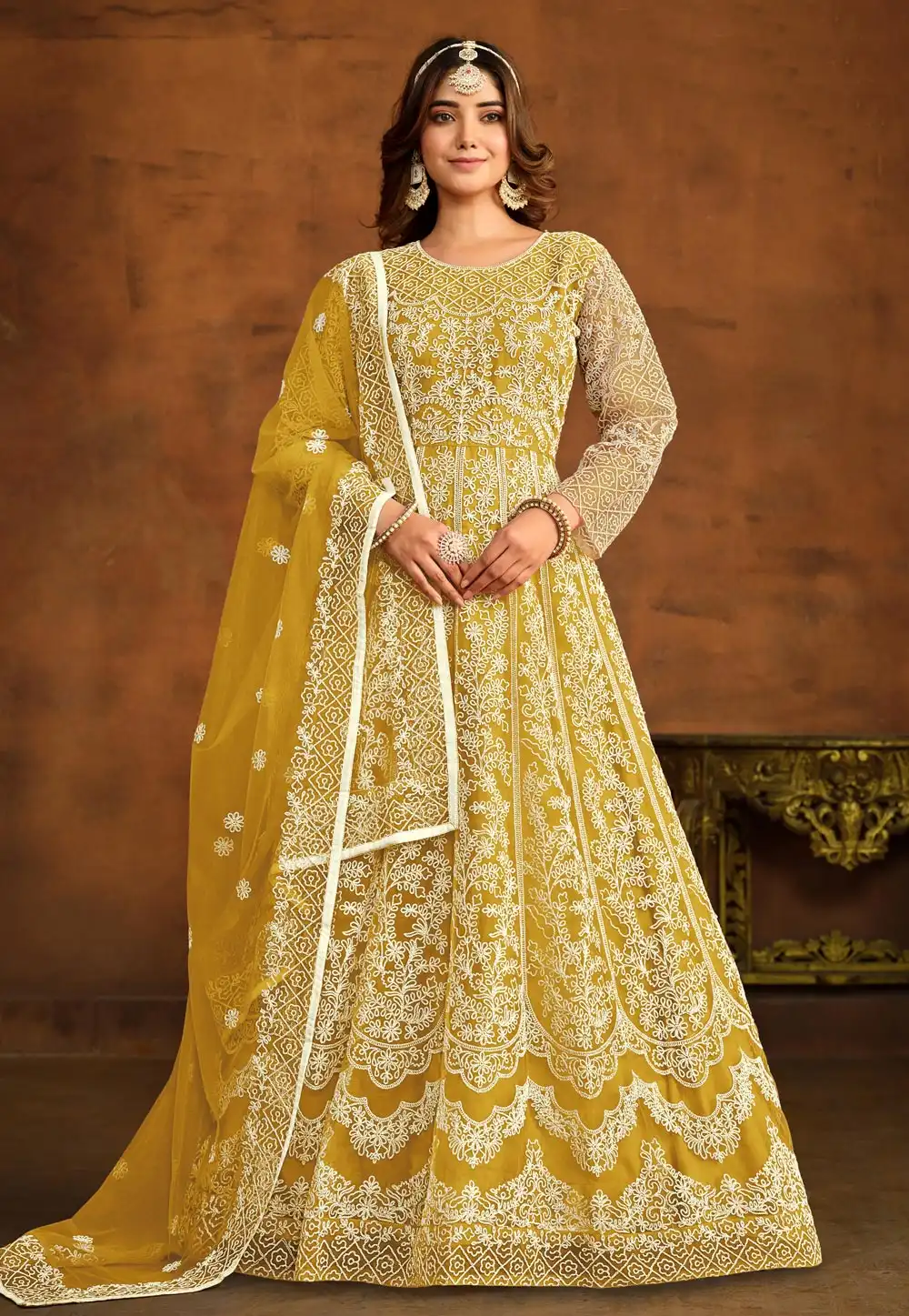 Mustard Net Embroidered Long Anarkali Suit 280045
