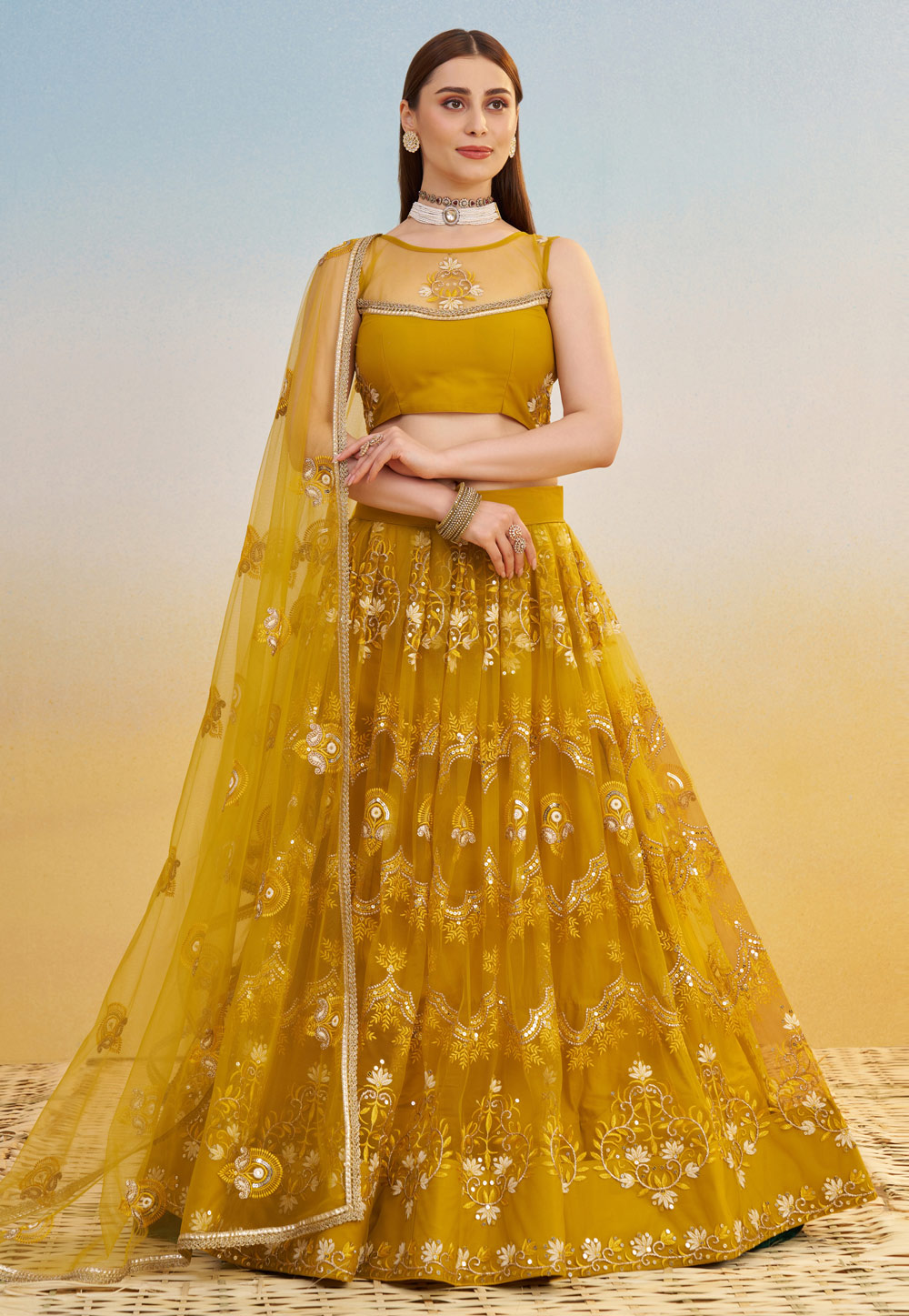 Mustard Net Lehenga Choli 313016
