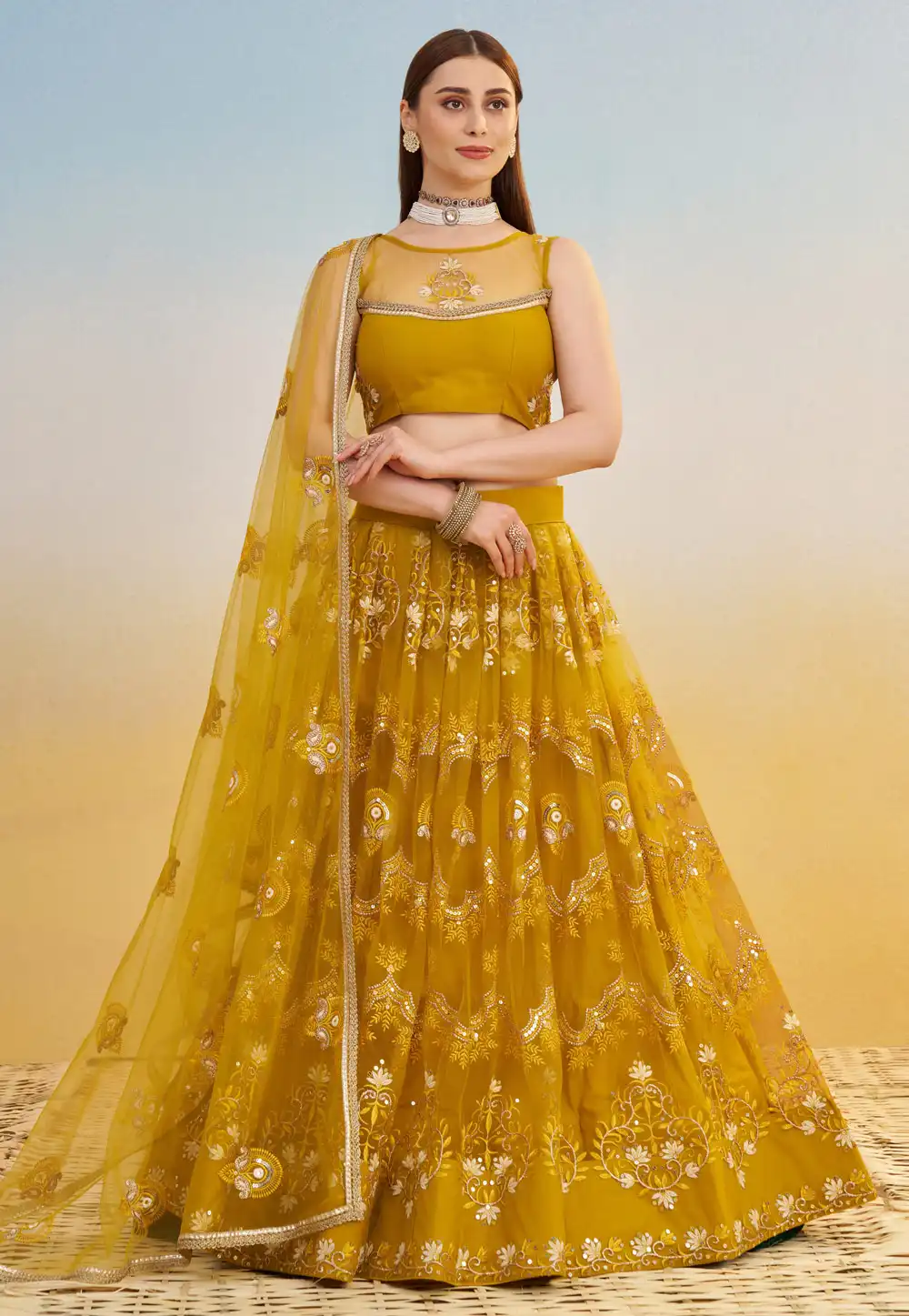 Mustard Net Lehenga Choli 313016
