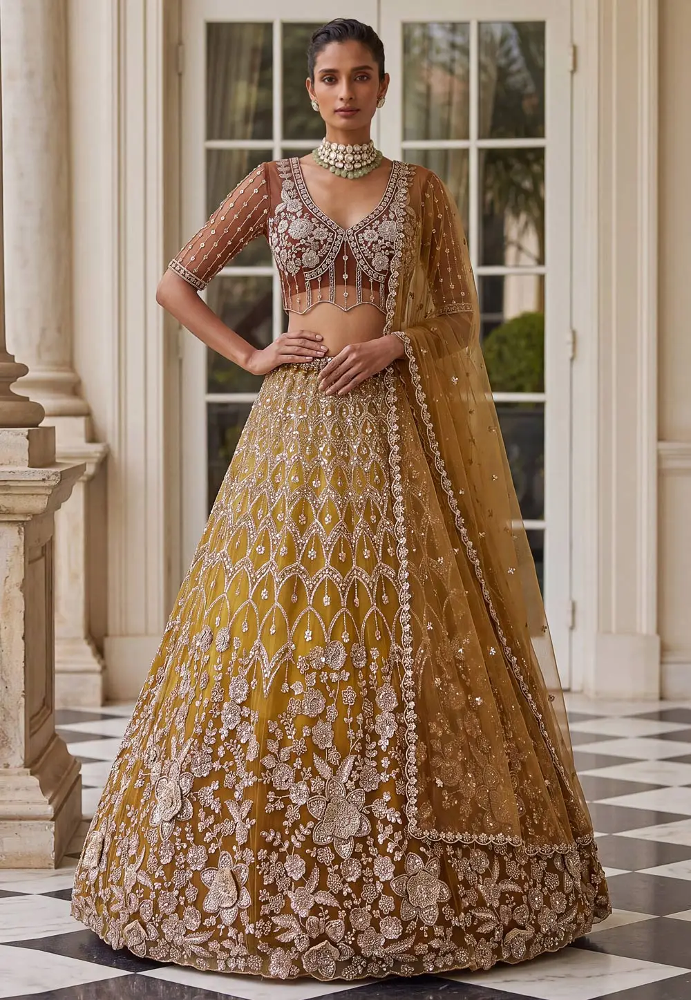 Mustard Net Lehenga Choli For Wedding 336109