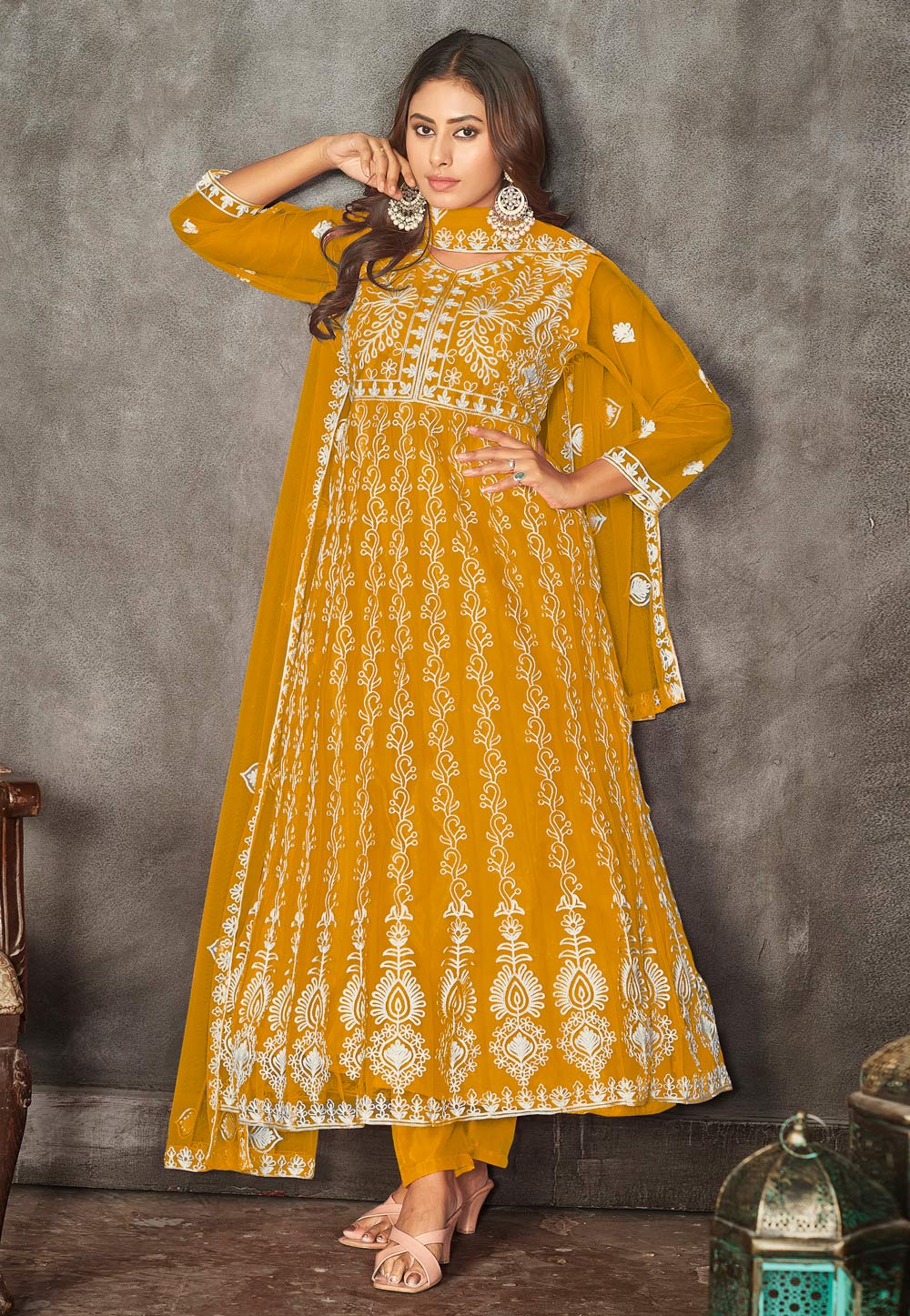Mustard Net Long Anarkali Suit 282450