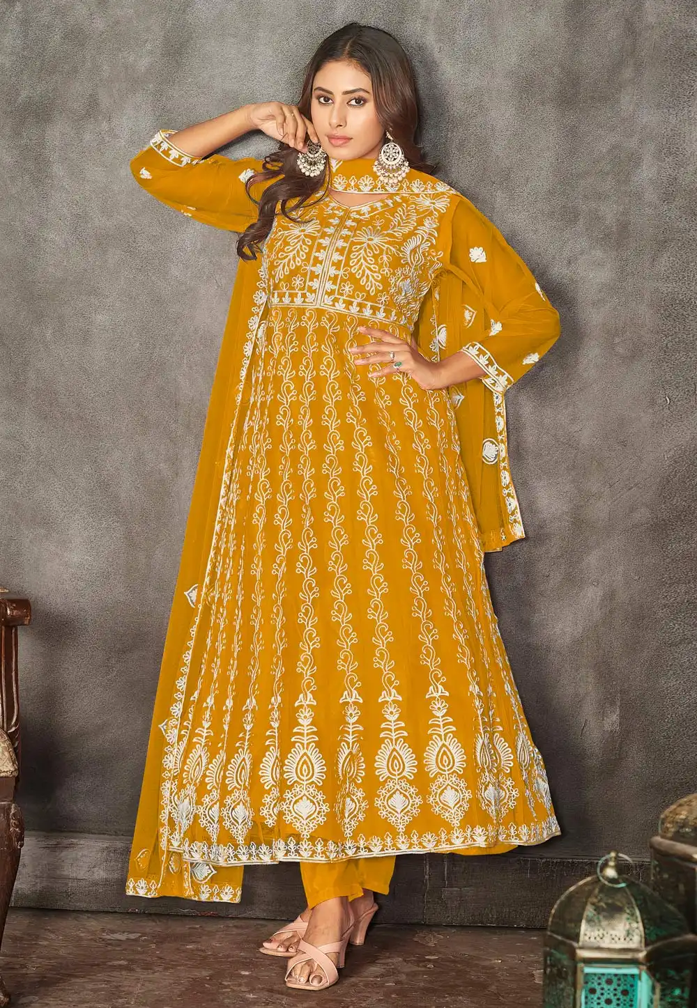 Mustard Net Long Anarkali Suit 282450