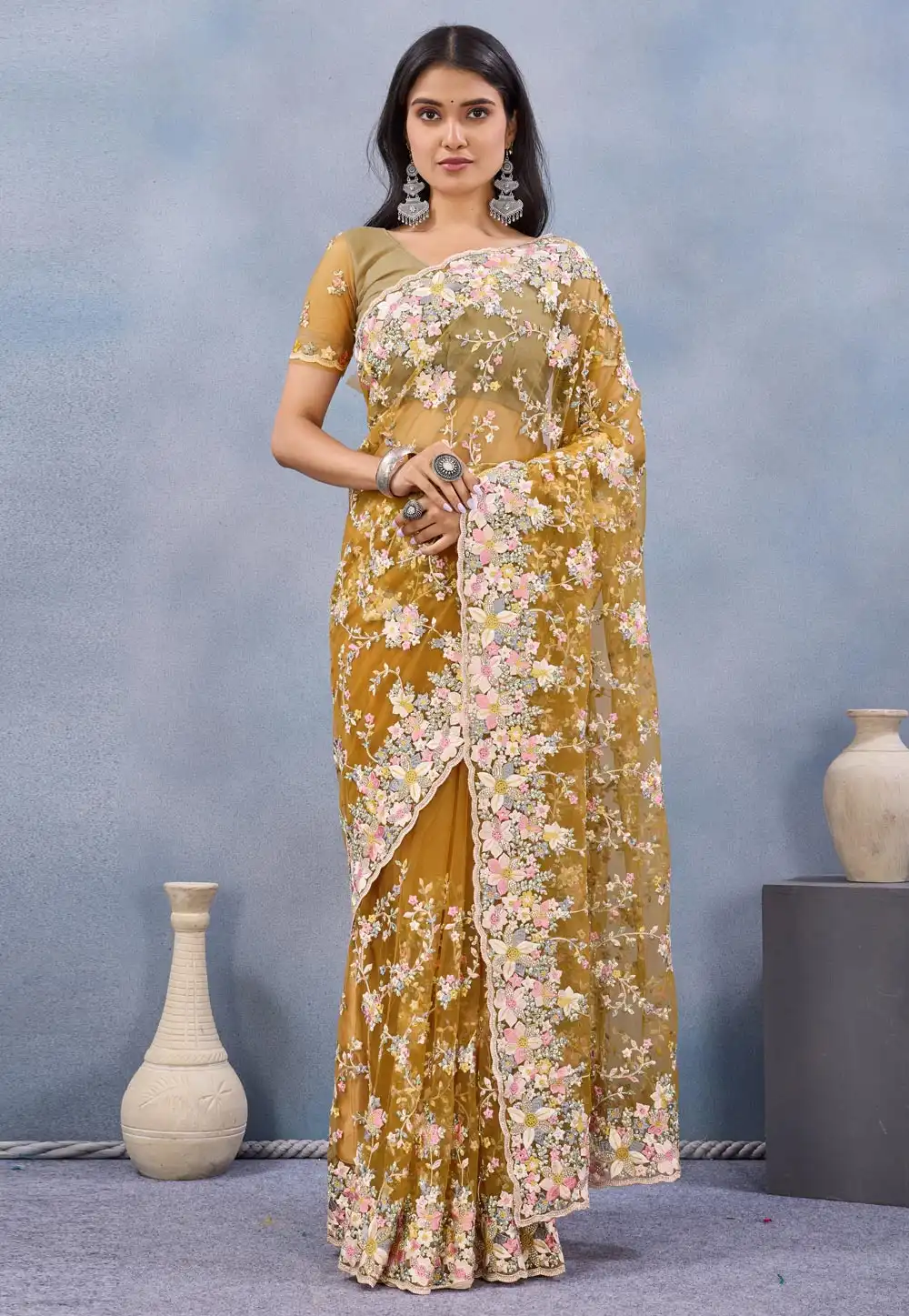 Mustard Net Saree With Blouse 327627