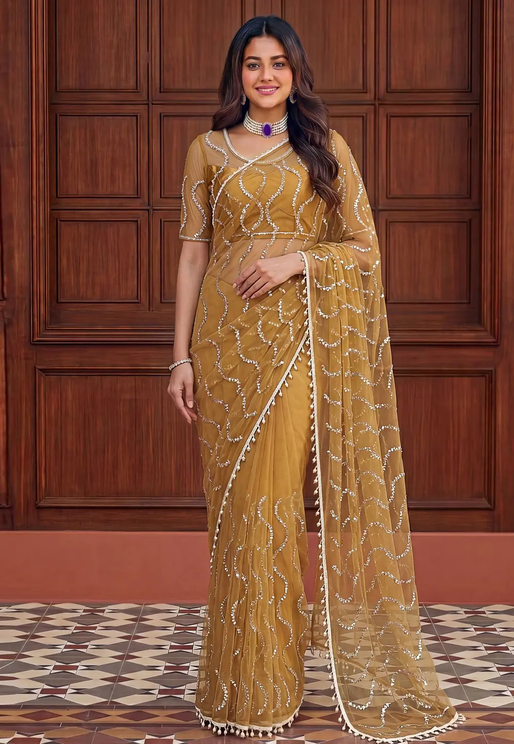 Mustard Net Saree With Blouse 331498