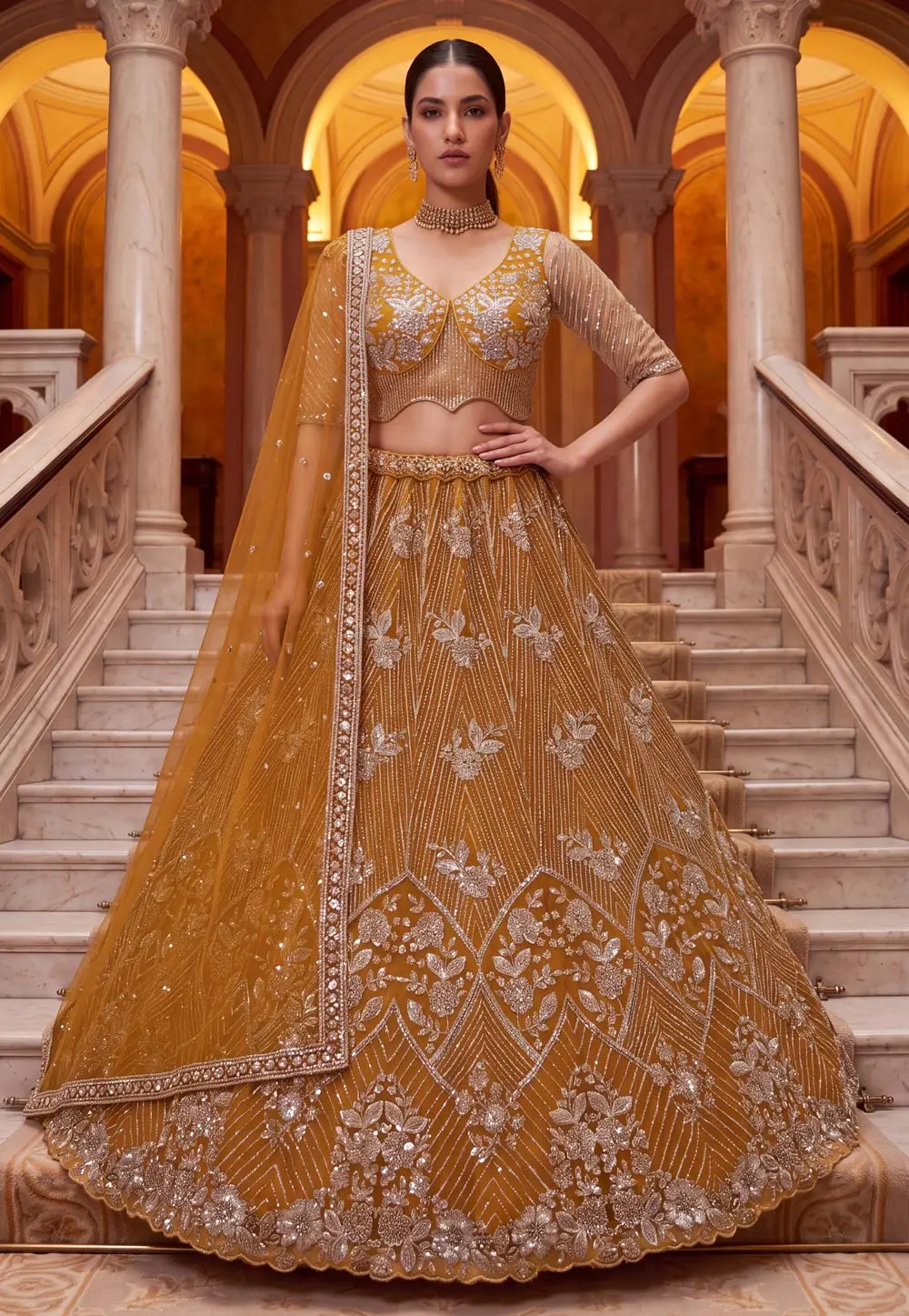 Mustard Net Wedding Lehenga Choli 337157